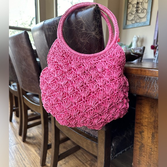 Cute pink straw bag with circular handles - Picture 1 of 6